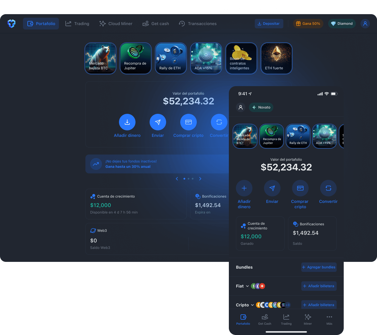 La plataforma YouHodler en escritorio y en celular, con el portafolio y los accesos a comprar, enviar y convertir